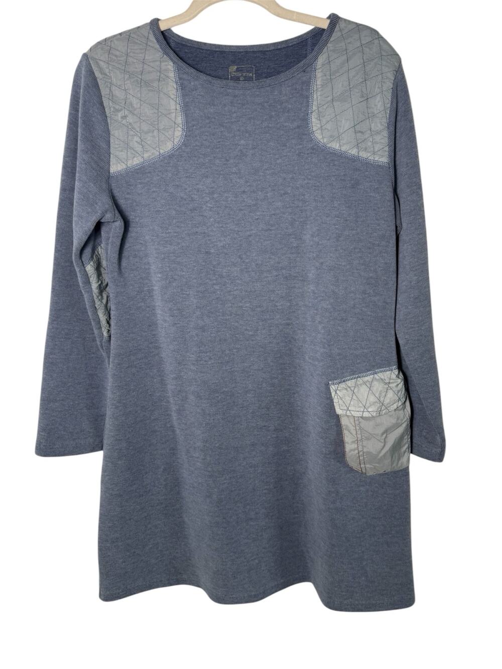 Title Nine Quilted Shoulder Elbow Patch Front Pocket Blue Knit Tunic Dress M/L